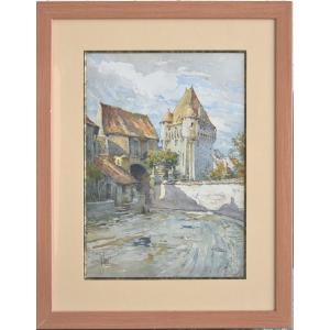 René Leverd "the Croux Gate, "nevers"" Watercolor 38x28